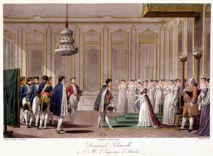 Napoleon žádá Marii Louise o sňatek s rakouským Impressem - v „“Historické shrnutí války mezi Francií a Rakouskem v roce 1809““ od French School