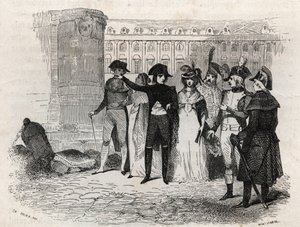 Napoleon na procházce s Madame Tallien, rozená Theresa Cabarrus, princezna z Caraman, princezna z Caraman Chimay (1773 - 1835) umístila Vendome v Paříži - rytina v „Les rues de Paris“. Stará a moderní Paříž: původ, historie, památky, kostýmy, morálka, chro od French School