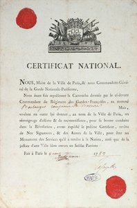 Národní osvědčení o dobrém chování během Francouzské revoluce, 8. srpna 1789 v Paříži od French School