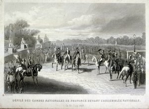 Vojáci Národní gardy chrání Národní shromáždění v Paříži. Rytina během francouzské revoluce 1848 (rytina) od French School
