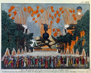 Národní slavnost 14. července 1801 na Elysejských polích v Paříži: Ohňostroj se koná na pařížských Elysejských polích. Tisk z roku 1801, Paříž, Musee Carnavalet od French School
