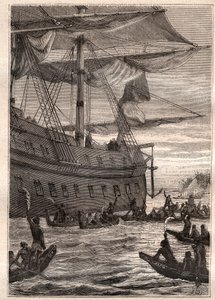 Domorodí lidé drželi v ruce větve banánovníků: Cesta Samuela Wallise (1728-1795) do Polynésie - domorodí obyvatelé držící větve banánů jako uvítací pozdrav - ilustrace převzata z „Velkých námořníků 18. století““ od French School