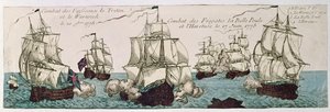 Námořní střetnutí mezi francouzskou a anglickou flotilou během americké revoluce v roce 1778 od French School