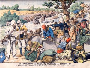 Plavba po řece Niger mezi Koulikoro a Timbuktu. Expedice, které velel velitel Le Blevec, přepravující čluny v úsecích kolem peřejí. Plavba Nigerem, z Koulikoro do Timbuktu. Muži velitele Le Blevce nesou kusy lodí. od French School