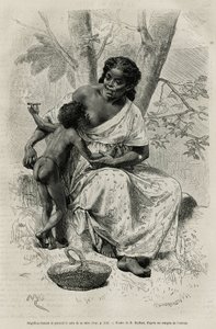 Negillon kouří a bere si prsa své matky v oblasti Darien (východní Panama), rytina podle kresby D. Maillarta pro ilustraci příběhu Průzkum šíjí Panamy a Darien, od A. Recluse, poručíka lodi, v letech 1876 až 1878 od French School