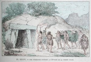 Neolitický pohřební obřad, ilustrace z knihy "Les Origines de la Vie" od Dr. Rengadeho, asi 1880 (kolorovaná rytina) od French School
