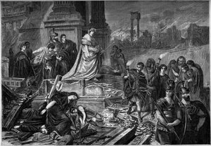 Neron po požáru v Římě v roce 64. Rytina podle obrazu Karla Theodora von Piloty (1826-1886). V „“Le Monde Illustré““ č. 283 ze dne 13. září 1862. od French School