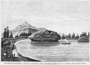Nová Kaledonie, Isle of Pines, Pic Nga při pohledu z Kuta, podle kresby reverenda otce Lamberta, maristického misionáře, ilustrace z bulletinu Les Missions Catholiques, 1893