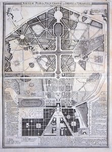 Nový plán města, zámku a zahrad ve Versailles, 1714, z Les Plans, Profiles et Elevations des Villes et Chateau de Versailles, publikovaný kolem roku 1715 od French School