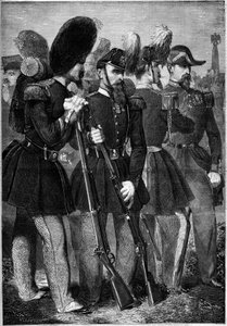 Nové uniformy francouzské císařské gardy v roce 1860. Rytina v „“ Le Monde Illustré““ č. 165 z 9. června 1860. od French School