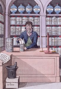 Výdejna novin za Napoleona nebo akademika chemika, karikatura zobrazující tisk rozdrcený Napoleonem (barevná rytina) od French School