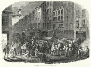 Novinový trh, Rue Montmartre, Paříž (rytina) od French School