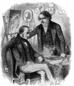 Nicephore Niepce (1765-1833) a Louis Daguerre (1787-1851), francouzští vynálezci, průkopníci fotografie. Rytina z roku 1852. od French School