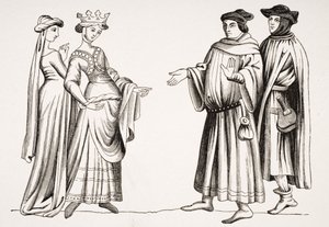 Vznešená dáma a ctihodná a dvě měšťanky, po miniaturě v „Merveilles du Monde“, z „Le Moyen Age et La Renaissance“ od Paula Lacroixe (1806-84) vydaného v roce 1847 od French School