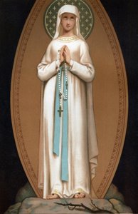 Notre Dame de Lourdes: zobrazení Panny Marie, jak by se zjevila Bernadette Soubirousové v jeskyni v Lurdech v roce 1858. Chromolitografie. Frontispice „“ Notre Dame de Lourdes““ od Henriho Lasserra od French School