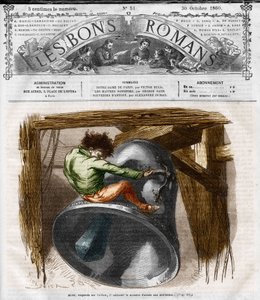 Série románů: „Notre Dame de Paris“ od Victora Huga (1802-1885). Quasimodo na zvonici. Rytina do „“Les bons romances““ od French School