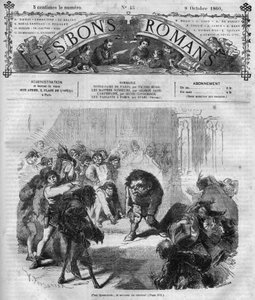 Série románů: „Notre Dame de Paris“ od Victora Huga (1802-1885). Davy se děsily a smály před Quasimodem, zvonícím zvonem. Rytina do „“Les bons romances““ od French School