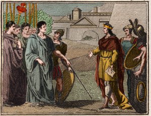 Numa Pompilius, legendární druhý král Říma, vrací posvátný štít kněžím Marsu. od French School