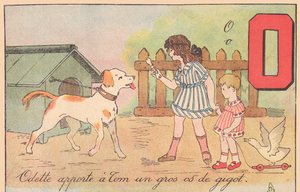 Odette přináší Tomovi velkou kost z nohy., kolem roku 1920 (tisk) od French School