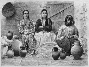 Obchodníci s ropou v Jeruzalémě, dnes ze Sýrie. Cestuje po Fénicii, Libanonu a Judeji. 1875-1880 Louis Charles Emile Lortet, 1884 (č. rytina) od French School