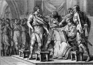 Po smrti Clotaire (Clothaire) 1., krále Franků, obdrželi jeho čtyři synové každý část království. Jmenují se Caribert 1er nebo Charibert (asi 520-567), Gontran 1er (asi 545-592), Sigebert I (535-575) a Chilperic I (asi 539-584). Rytina od French School
