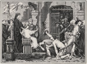 U příležitosti své budoucnosti (1227) nechal mladý Ludvík IX. vězně vysílat - rytina v „Les Hommes Celebres de la France“ od Louise Dumase 1889 od French School