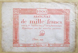 Bankovka tisíc franků, 1795 (inkoust na papíře) od French School