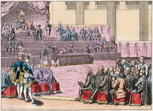 Otevření generálního stavovského úřadu ve Versailles dne 5. května 1789 sdružujícího tři řády (klerikál, šlechta a třetí stav) - otevření generálního stavovského úřadu, 5. května 1789 - rytina konce 19. století v „“ č. Gires Nationales od French School