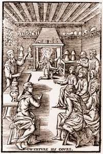 Zahájení kurzu transmutační chemie - rytina 1653 v „“ LE VRAY ET METHOD COURSES DE PHYSICS RESOLUTIVE““ od Annibala Barleta od French School