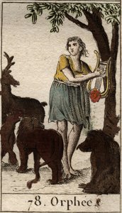 Orfeus okouzluje divoká zvířata hrou na lyru Z „Mythologie de la jeunesse“ od Pierra Blancharda 1803. od French School