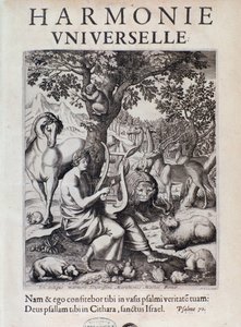 Orfeus hraje pro zvířata. Frontispis knihy Harmonie universelle od Marina Mersenna od French School