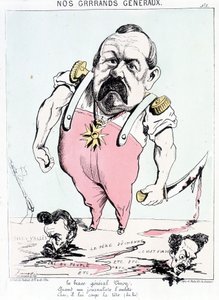 Naši velcí generálové: statečný generál Vinoy, když ho obtěžuje novinář, prásk, usekne mu hlavu. Karikatura o Vinoyovi a komuně. od French School