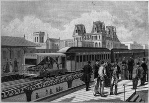 Přehled stanice Elevated Railroad a elektrického vlaku v New Yorku, USA. Gravírování v „“ La Nature. Revue des sciences et de ses applications aux arts et a l