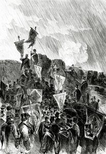 Pacifistická demonstrace na opevnění od svobodných zednářů dne 28. dubna 1870 s požadavkem zastavení bombardování Paříže z Le Monde Illustré, 5. května 1870 od French School