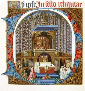 Stránka z faksimilního vydání „Missel de Jouvenel des Ursins“ s historickou iniciálou „D“ zobrazující expozici relikvií v Sainte-Chapelle v Paříži v 15. století (barevné lito) od French School