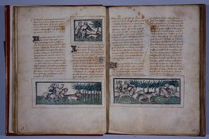 Strany 57 a 58, z Le Livre du Roy Modus et de la Royne Racio, od Henri de Ferrieres, kolem 1420 (pero a inkoust a wc na papíře) od French School