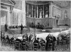 Palais du Luxembourg v Paříži: volby dne 30. ledna pro volby senátorů departementu Seina. Stojící, židle v jedné ruce je rozpoznán jako Victor Hugo (1802-1885), politik. Gravírování v „“L