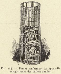 Koš obsahující záznamová zařízení sondovacích balónků (rytí) od French School