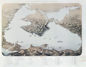 Panoramatický pohled a plán Sevastopolu a pobřeží Černého moře v době krymské války, 1855 od French School
