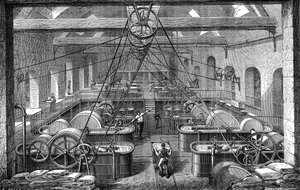 Papírenský průmysl: dílna na rafinaci a bělení papírové buničiny. Rytina 1867 od French School
