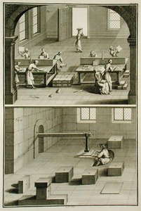 Výroba papíru, z "Encyklopedie" Denise Diderota (1713-84), vydané kolem roku 1770 (rytina) (viz také 172398) od French School