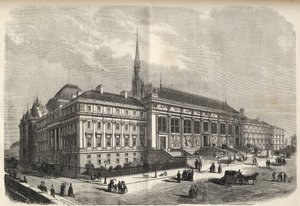 Paříž - nová fasáda soudní budovy, postavená Josephem-Louisem Ducem (1802-1879) - (Západní fasáda, na Rue de Harlay) rytina z roku 1869 od French School