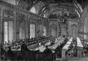 Paříž, 4. srpna 1871: první zasedání městské rady v Trůnním sále Palais du Luxembourg. Rytina v „“ Le Monde Illustré““ č. 748 z 12. srpna 1871. od French School