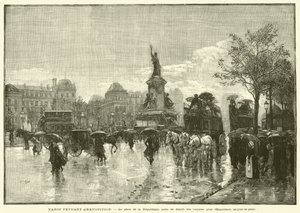 Paříž během výstavy, Place de la Republique, místo odjezdu vozů na výstavu, za deštivého dne (rytina) od French School