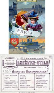 Paříž, přední a zadní strana propagační karty pro sušenky Lefèvre-Utile (LU), konec 19. století od French School