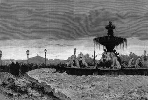 Paříž pod sněhem, zima 1879-1880: pohled na jednu z fontán Place de la Concorde během mrazu. Rytina od Scotta v „“The Illustrous World”” č. 1188 z 3. ledna od French School