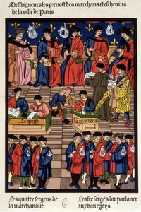 Pařížská obchodní doprava: prevoty obchodníků a echevinů, transplantace, přijímač, žalobce, úředník, seržanti zboží... - faksimile miniatury středověku od French School