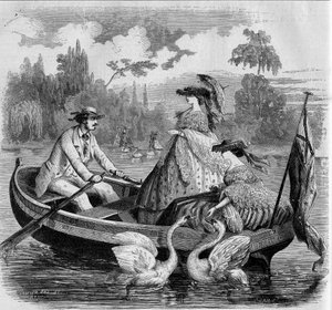 Pařížské režimy, léto 1857: projížďka lodí po jezeře. Rytina v „“ Le Monde Illustré““ č. 24 z 26. září 1857. od French School