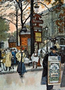 Pařížská pouliční scéna poblíž stanice metra Palais-Royal, kolem roku 1900 (barevné lito) od French School