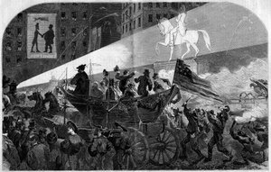 Party v ulicích New Yorku (New York) na oslavu instalace transatlantického telegrafického kabelu mezi Spojenými státy (Spojené státy americké) a Anglií v roce 1858. Rytina v „“ Le Monde Illustré““ č. 79 ze 16. října 1858. od French School